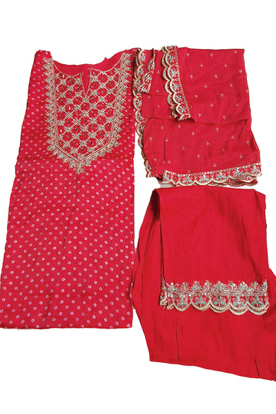 Red Crepe Bandhani Printed Sequin Neck Embroidered Suit