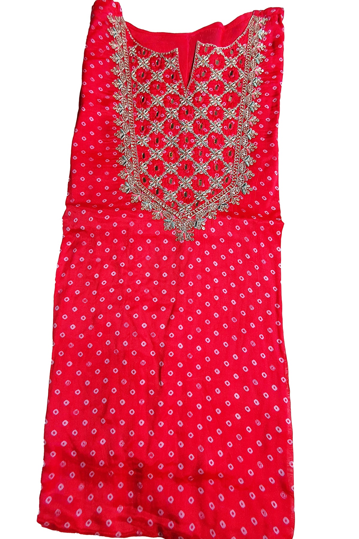 Red Crepe Bandhani Printed Sequin Neck Embroidered Suit