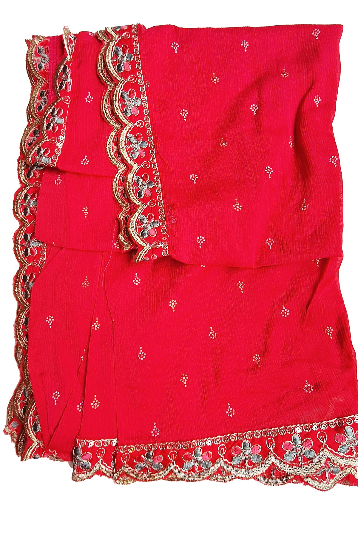 Red Crepe Bandhani Printed Sequin Neck Embroidered Suit