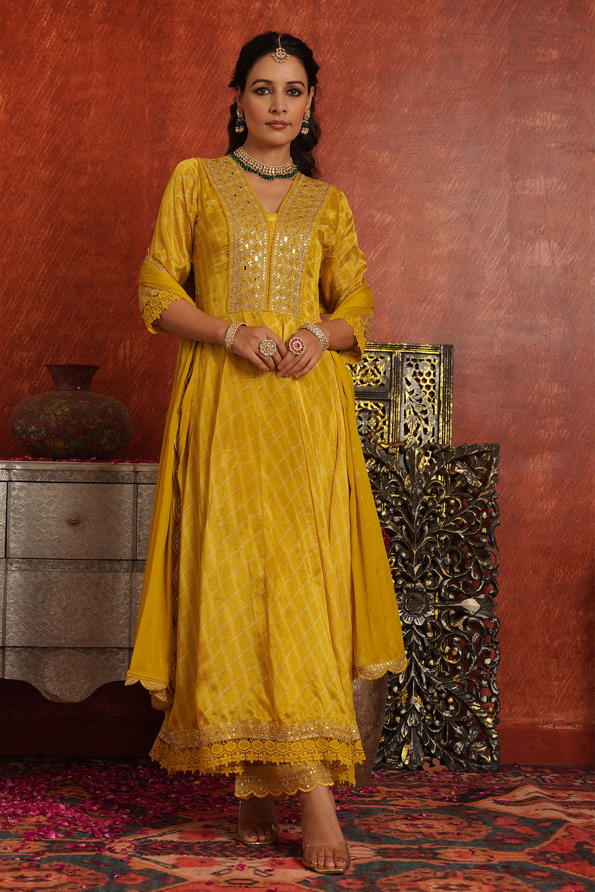 Mustard Crepe Silk Floral Printed Neck Embroidered Suit