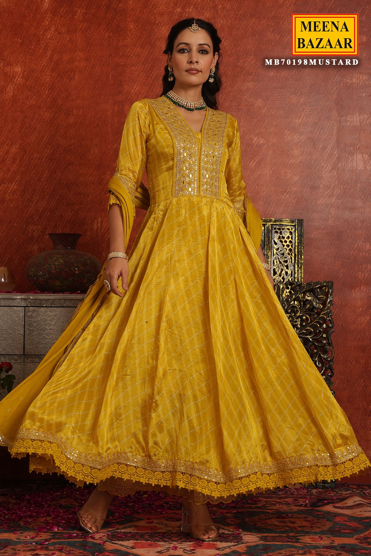 Mustard Crepe Silk Floral Printed Neck Embroidered Suit