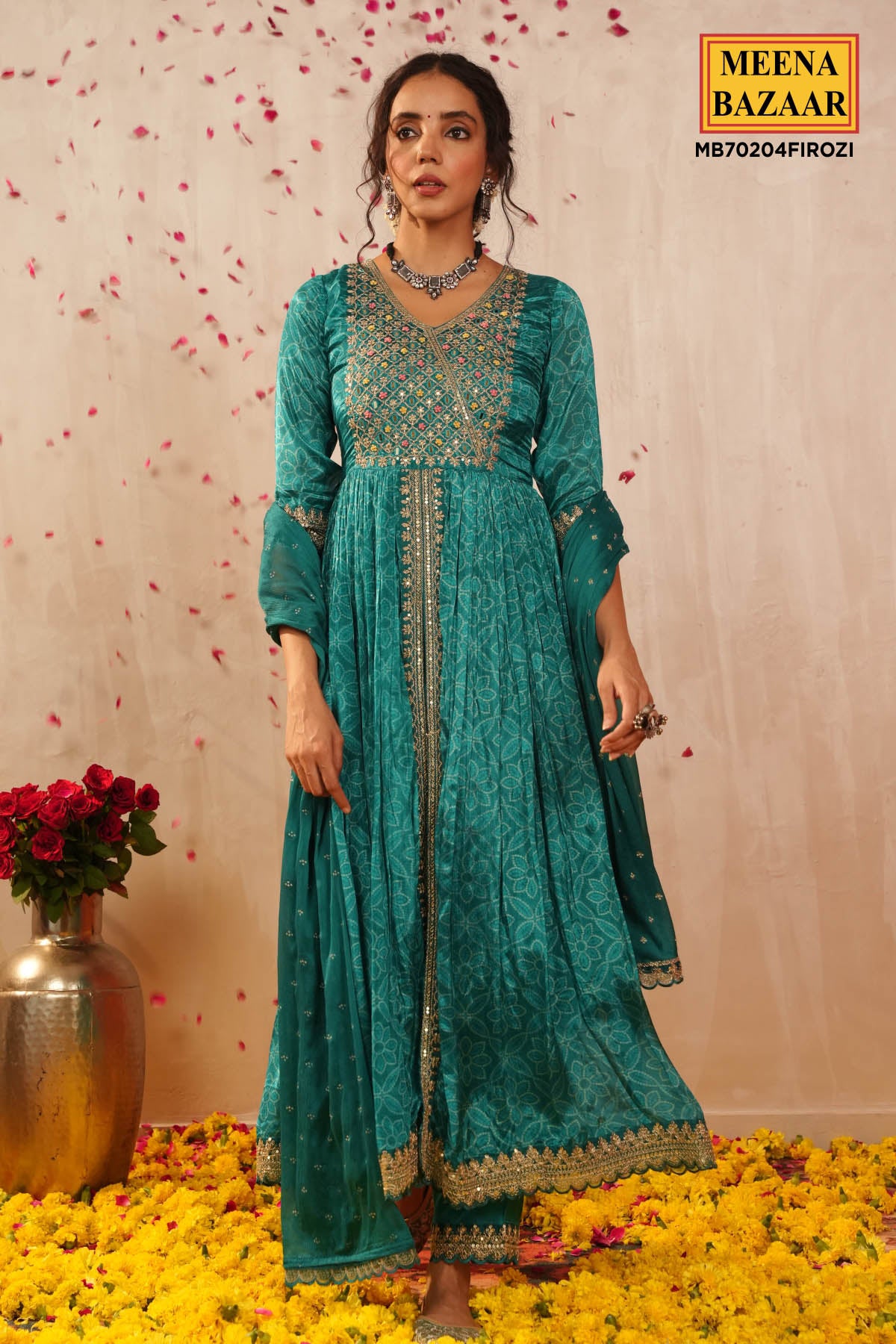 Firozi Crepe Silk Resham Thread, Sequin Embroidered Suit Set