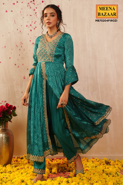 Firozi Crepe Silk Resham Thread, Sequin Embroidered Suit Set