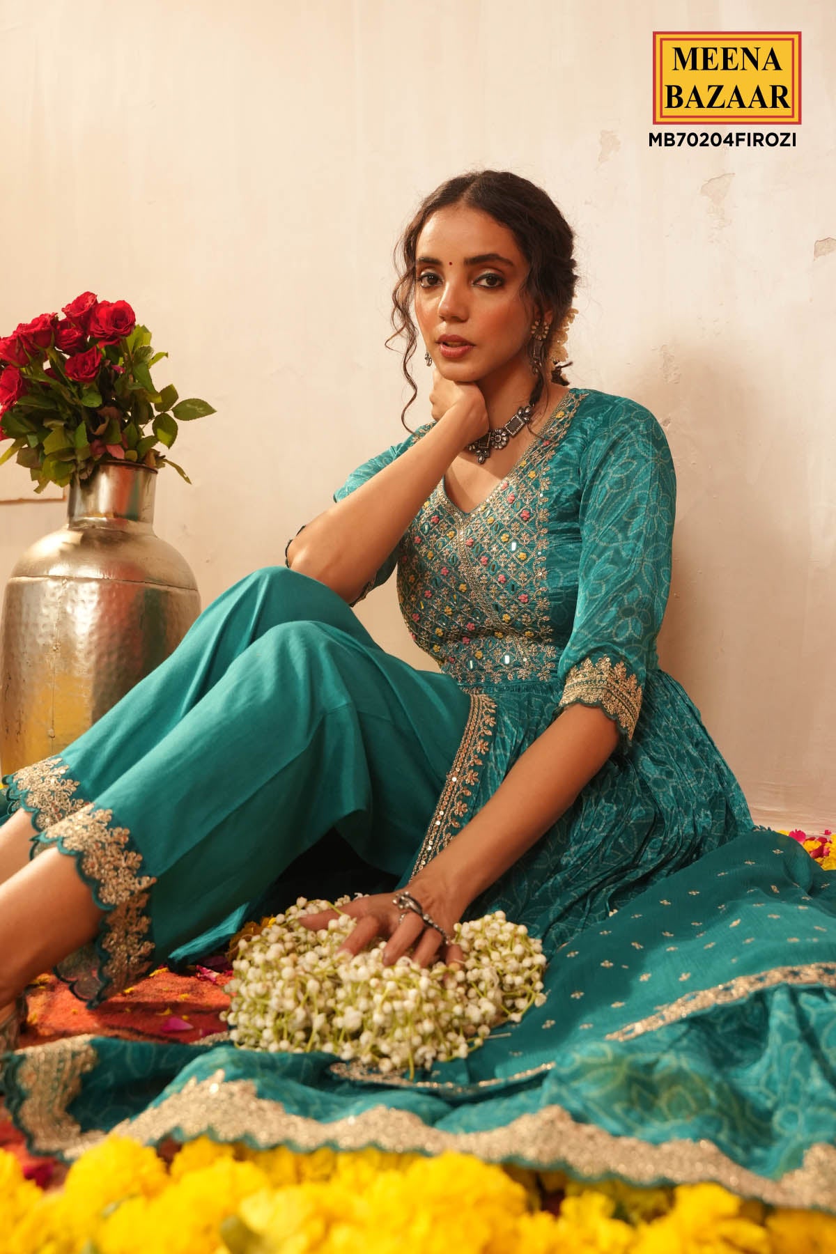 Firozi Crepe Silk Resham Thread, Sequin Embroidered Suit Set