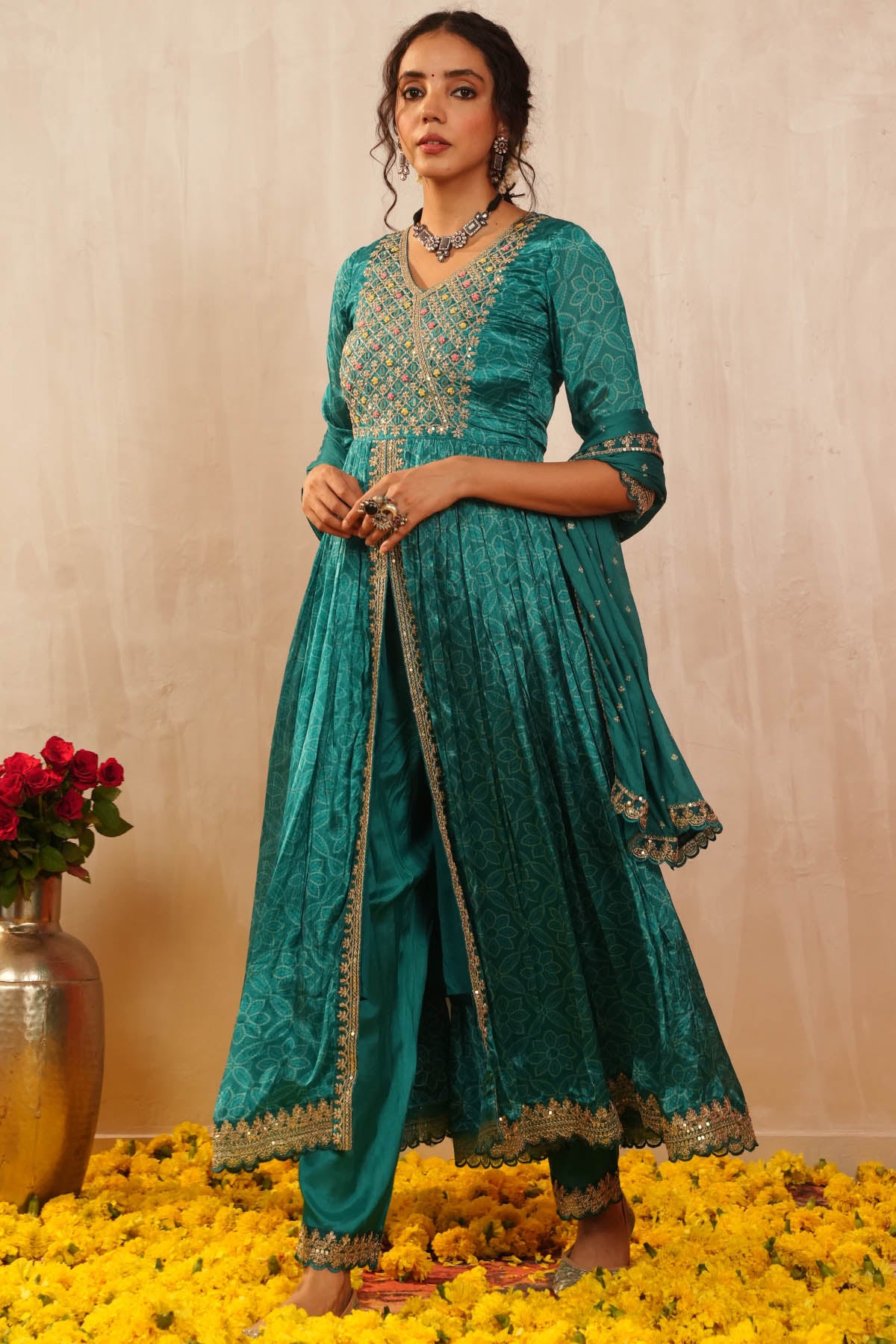 Firozi Crepe Silk Resham Thread, Sequin Embroidered Suit Set