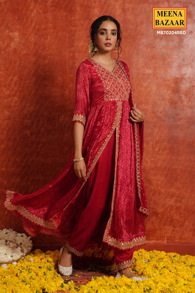 Red Crepe Silk Resham Thread, Sequin Embroidered Suit Set