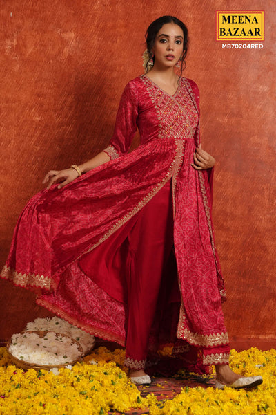 Red Crepe Silk Resham Thread, Sequin Embroidered Suit Set