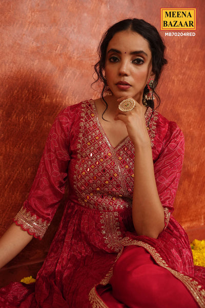 Red Crepe Silk Resham Thread, Sequin Embroidered Suit Set