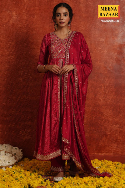 Red Crepe Silk Resham Thread, Sequin Embroidered Suit Set