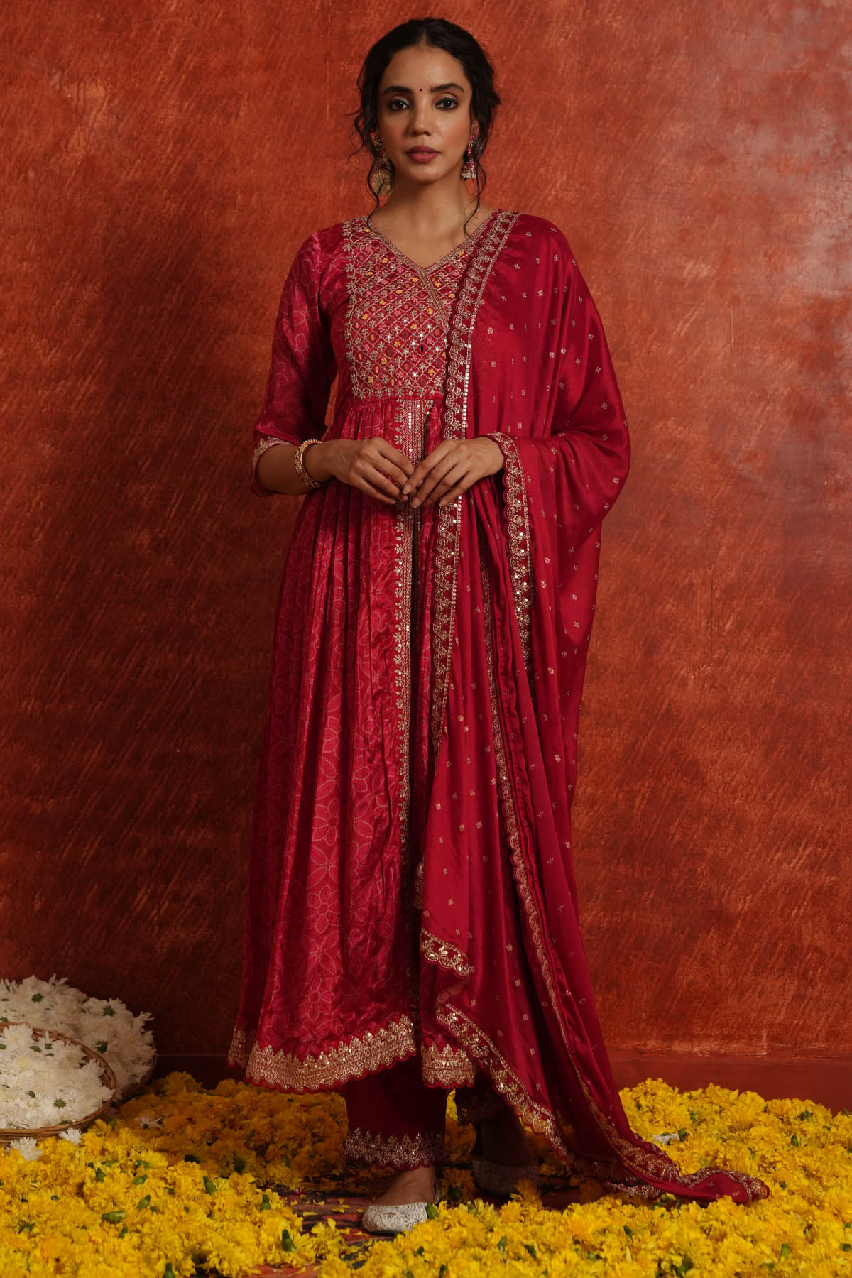 Red Crepe Silk Resham Thread, Sequin Embroidered Suit Set