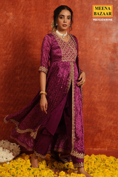 Wine Crepe Silk Resham Thread, Sequin Embroidered Suit Set