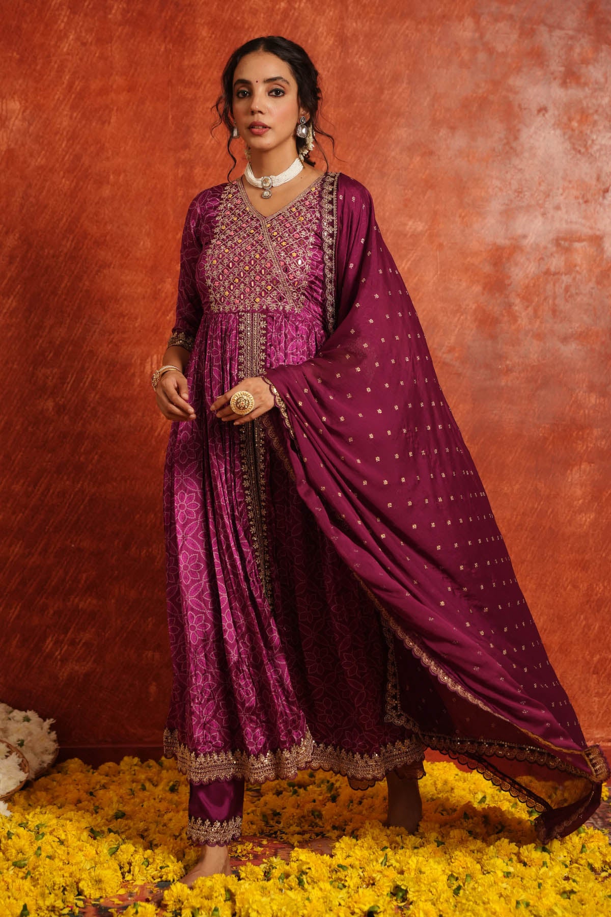 Wine Crepe Silk Resham Thread, Sequin Embroidered Suit Set