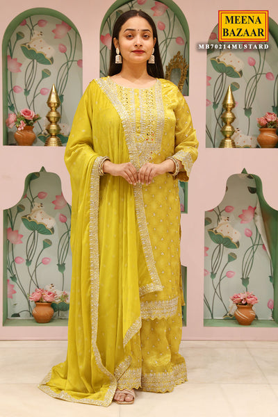 Mustard Crepe Neckline Zari Sequin Embroidered Suit Set