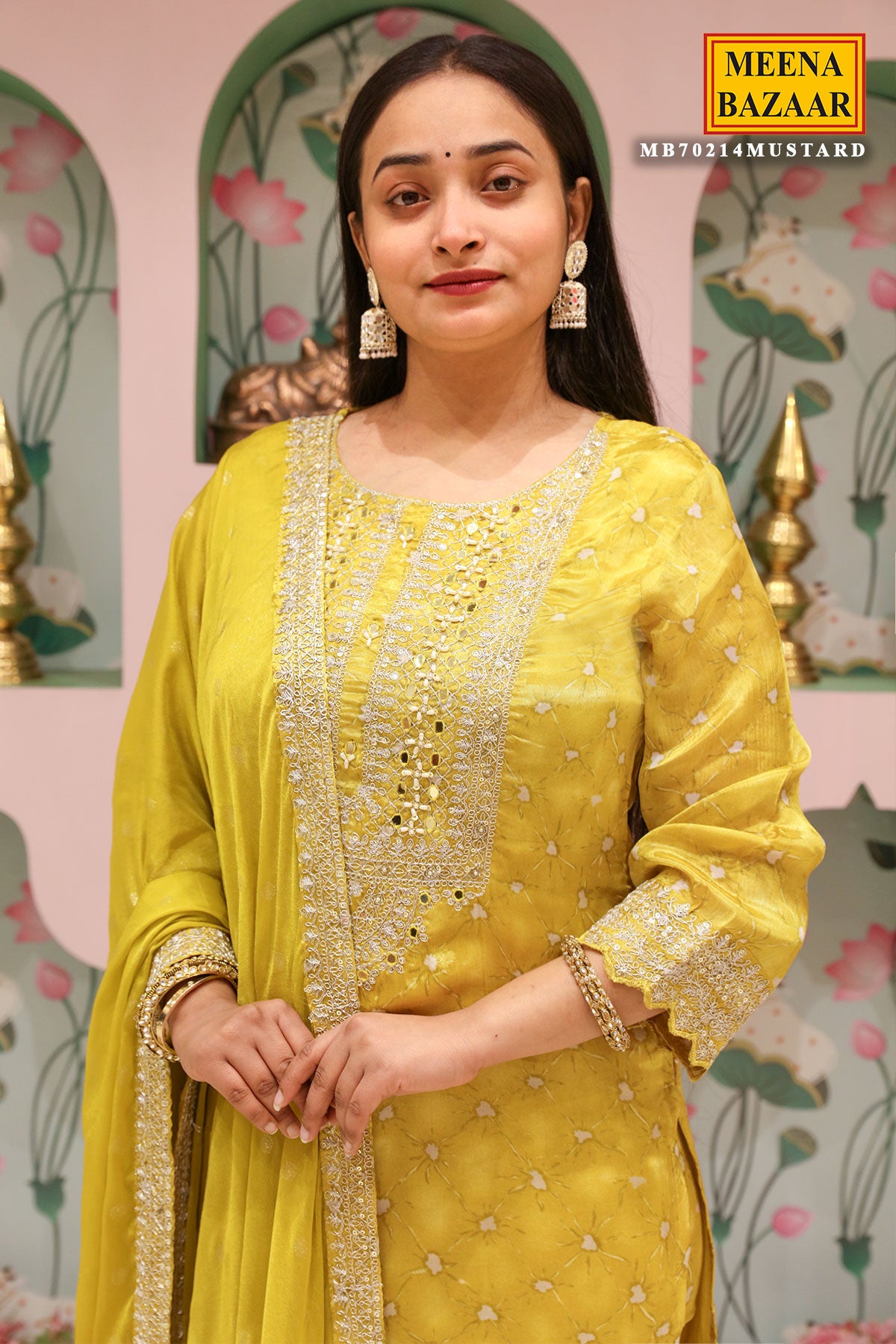 Mustard Crepe Neckline Zari Sequin Embroidered Suit Set