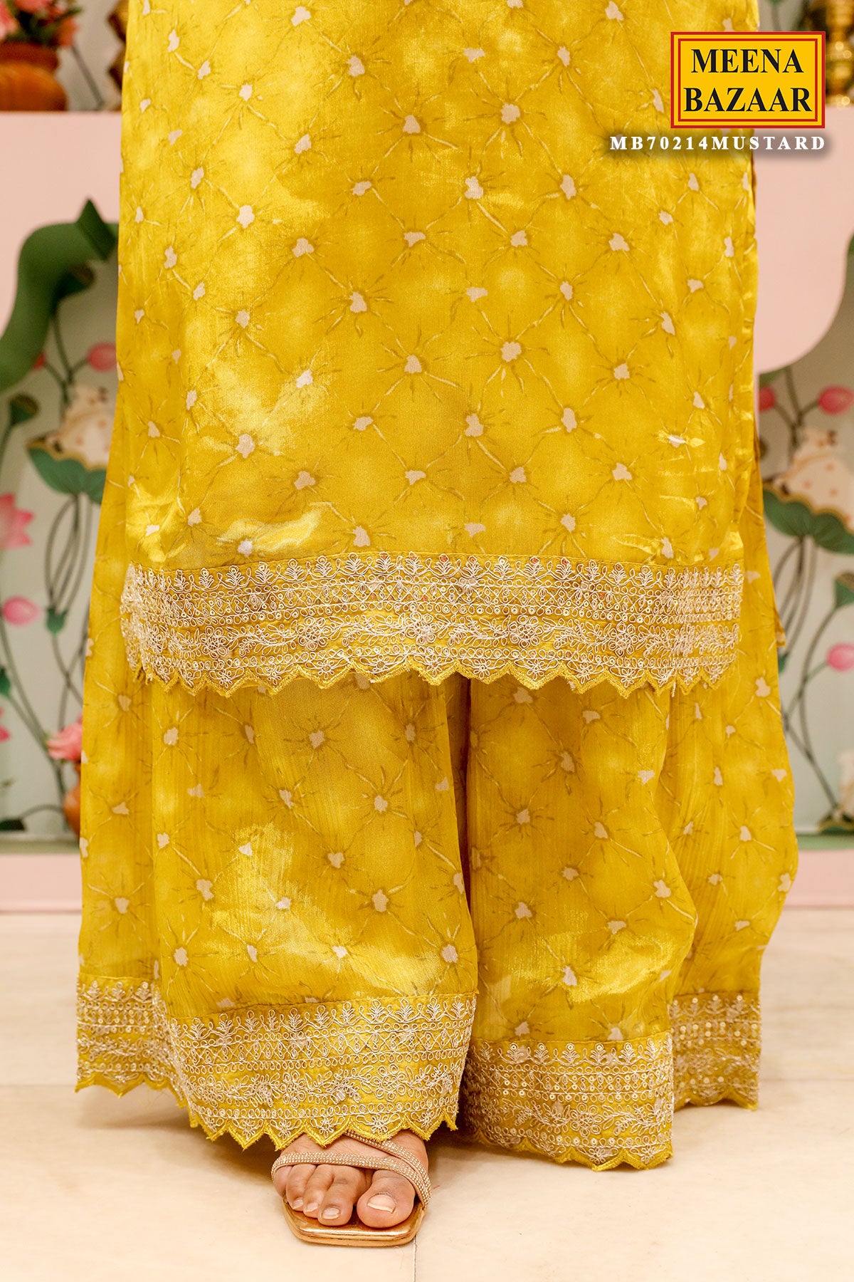 Mustard Crepe Neckline Zari Sequin Embroidered Suit Set