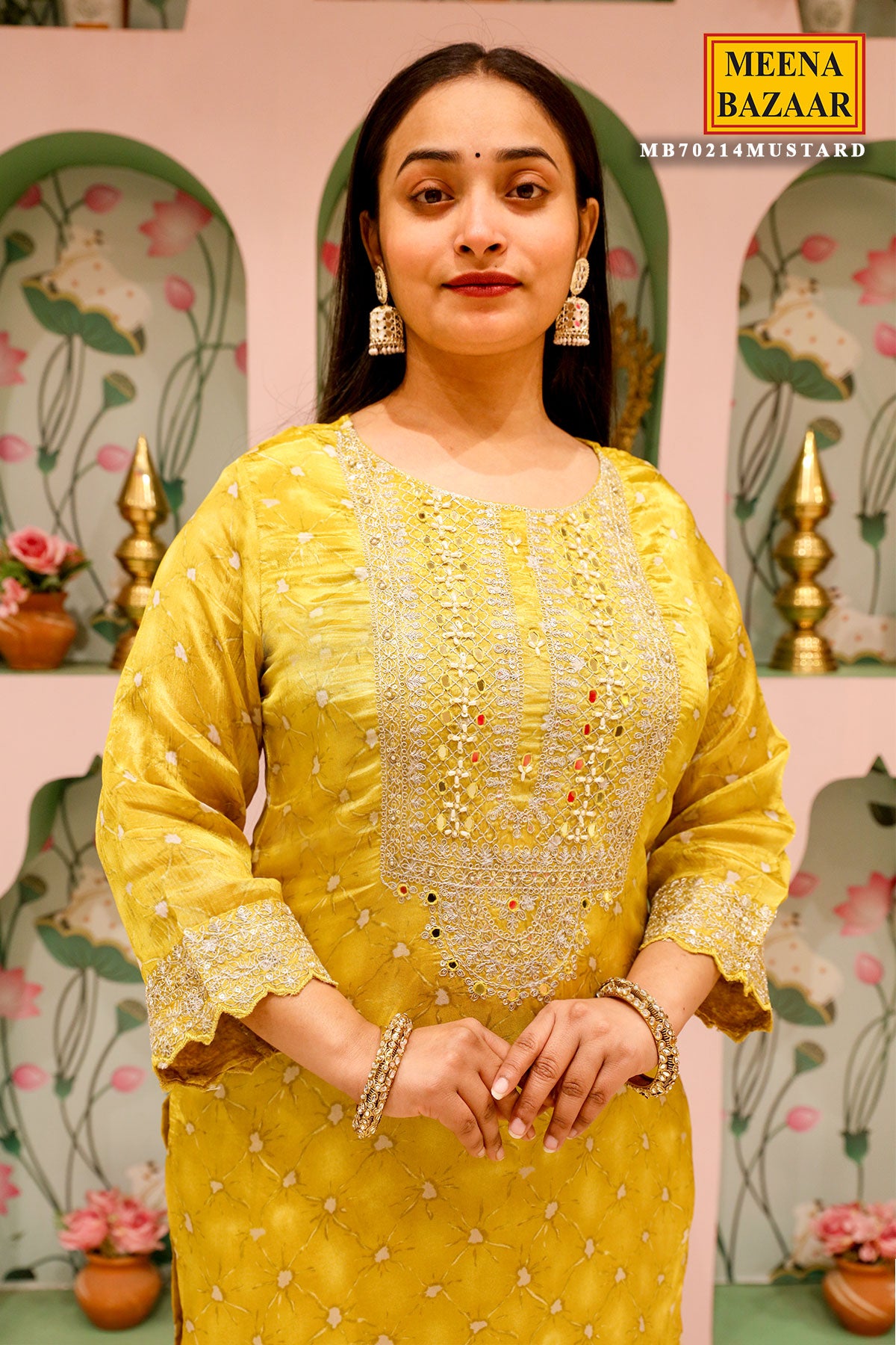 Mustard Crepe Neckline Zari Sequin Embroidered Suit Set