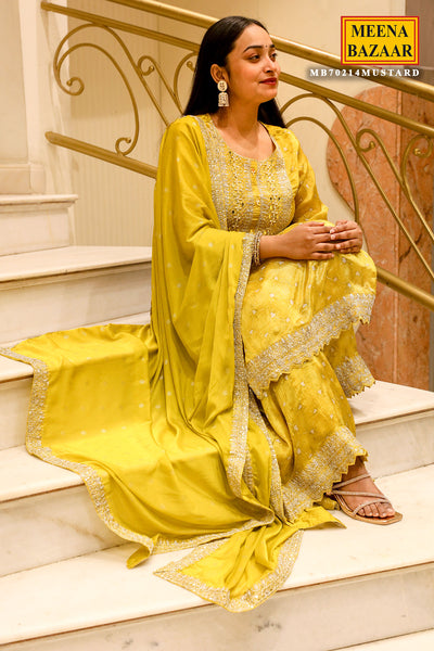 Mustard Crepe Neckline Zari Sequin Embroidered Suit Set