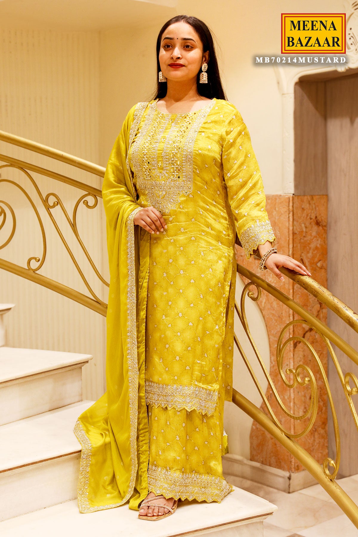 Mustard Crepe Neckline Zari Sequin Embroidered Suit Set