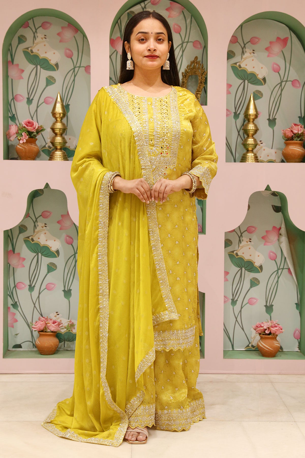 Mustard Crepe Neckline Zari Sequin Embroidered Suit Set