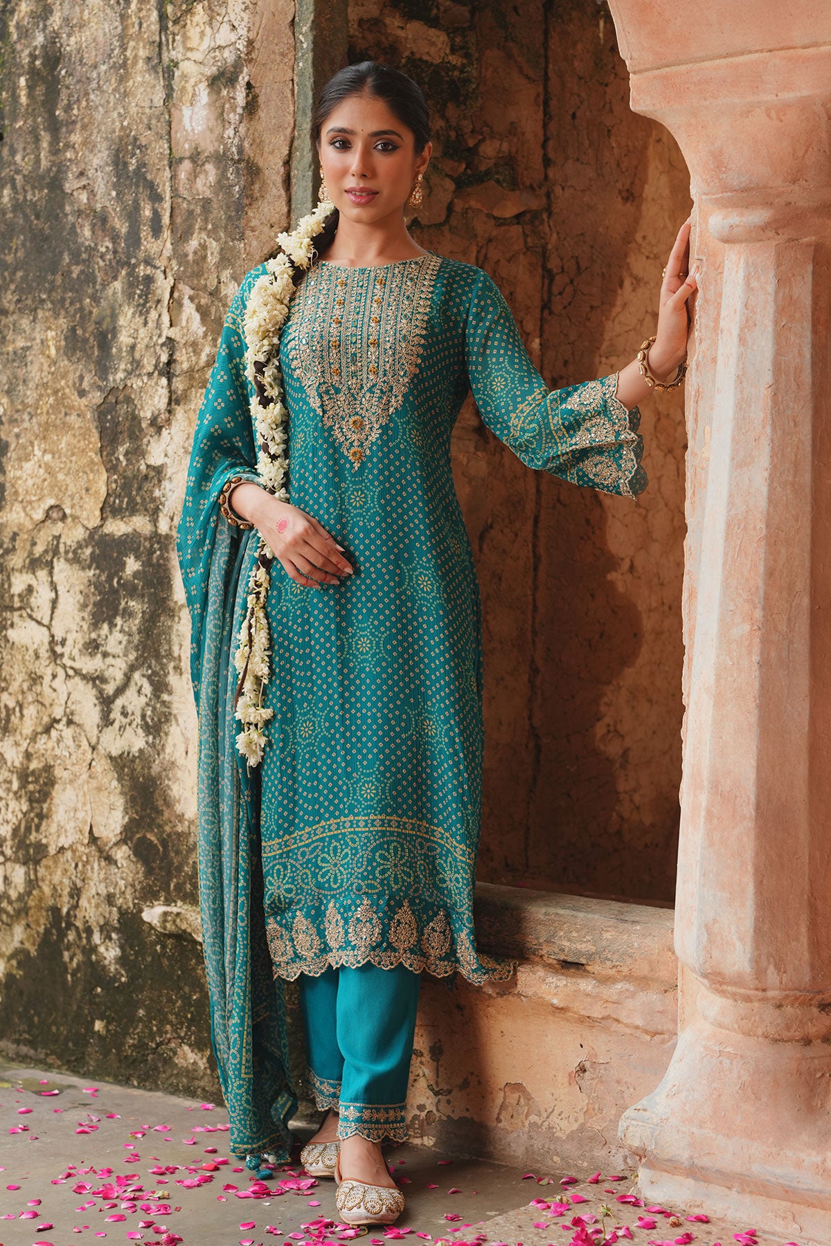 Firozi Muslin Bandhani Printed Neck Embroidered Ready Made Suit