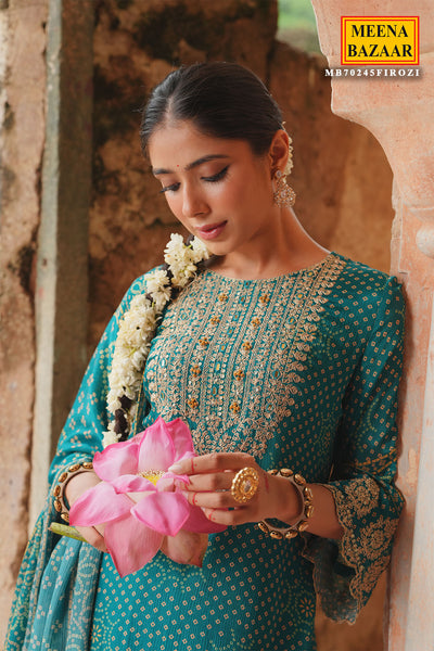 Firozi Muslin Bandhani Printed Neck Embroidered Ready Made Suit