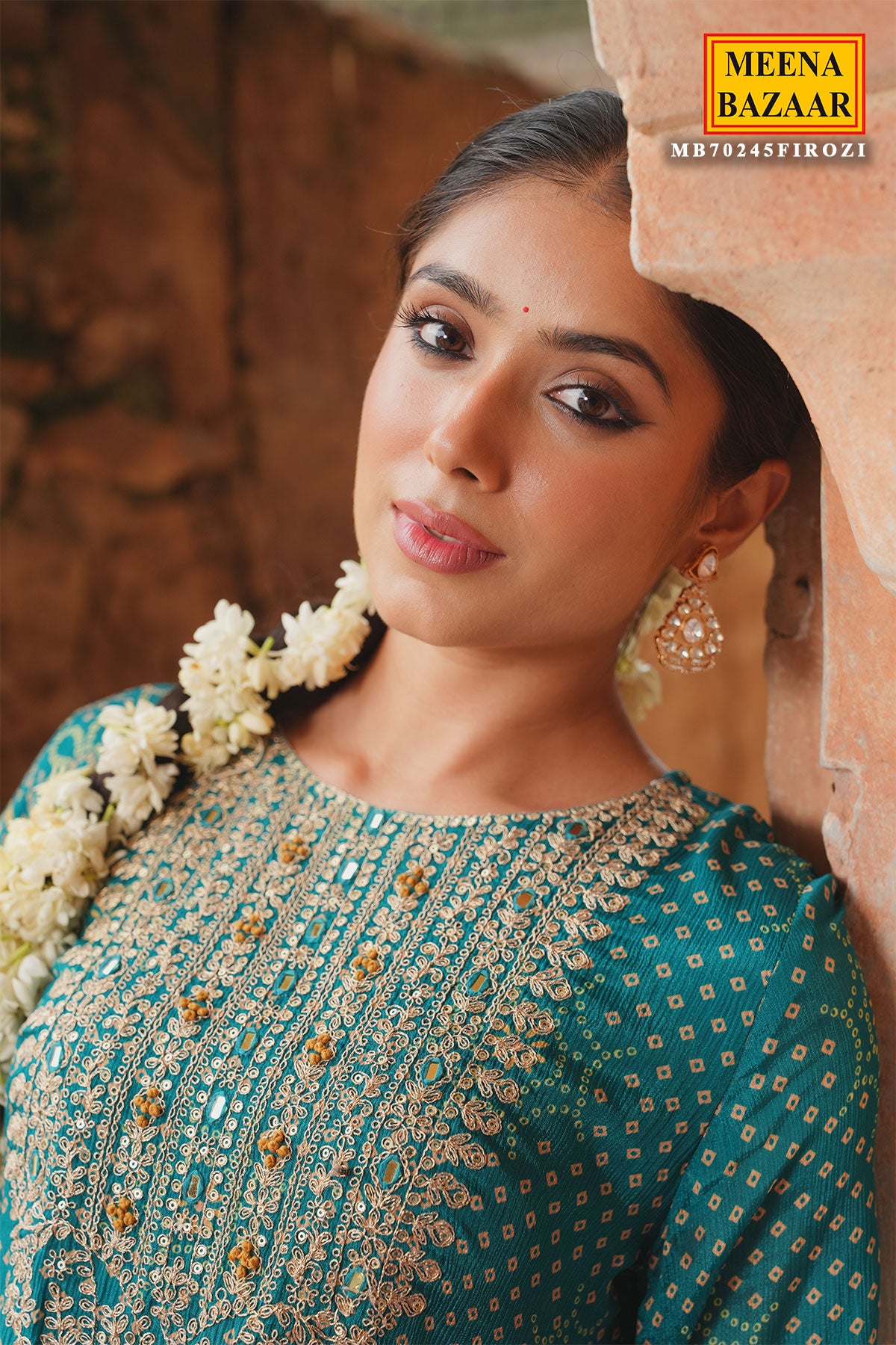 Firozi Muslin Bandhani Printed Neck Embroidered Ready Made Suit