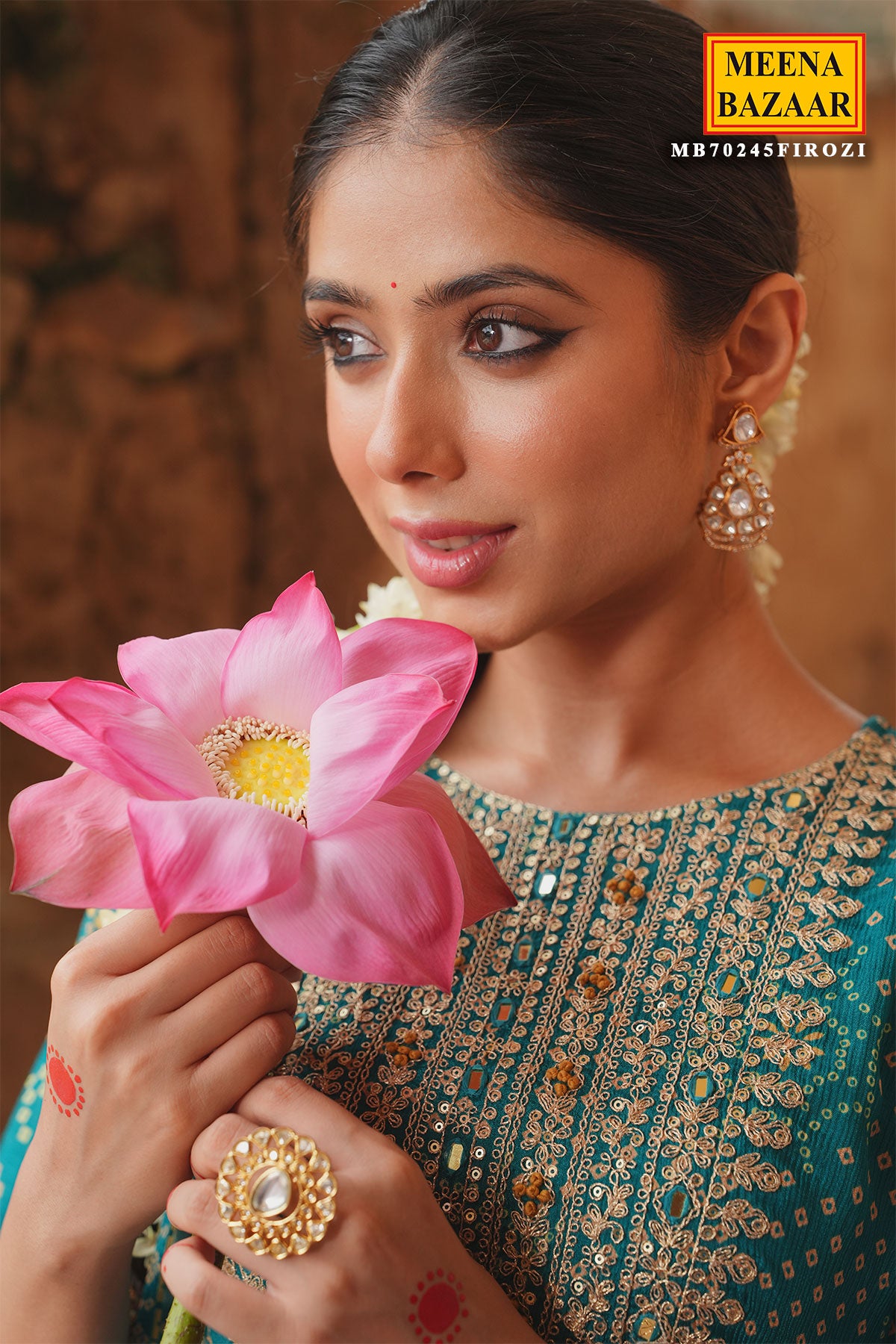 Firozi Muslin Bandhani Printed Neck Embroidered Ready Made Suit