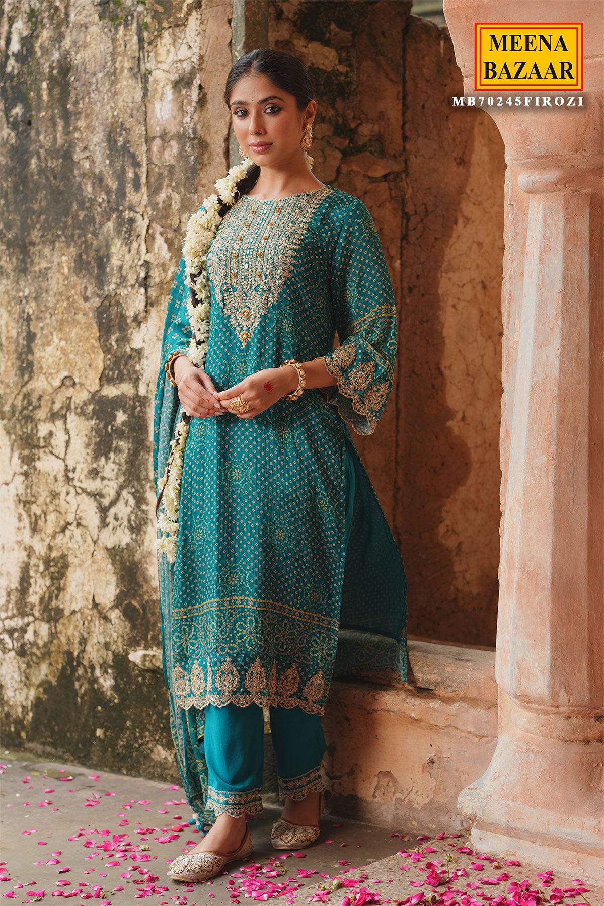 Firozi Muslin Bandhani Printed Neck Embroidered Ready Made Suit