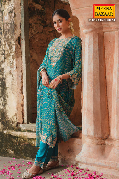 Firozi Muslin Bandhani Printed Neck Embroidered Ready Made Suit