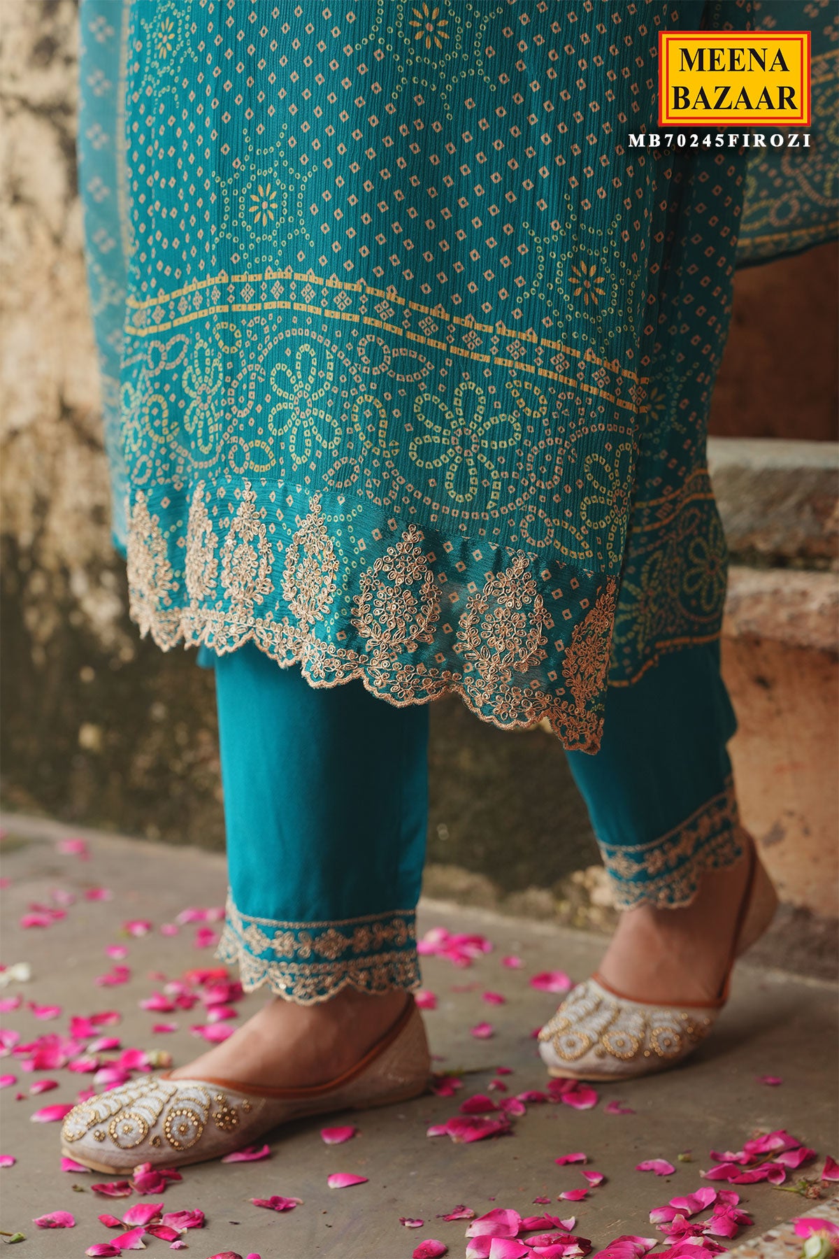 Firozi Muslin Bandhani Printed Neck Embroidered Ready Made Suit