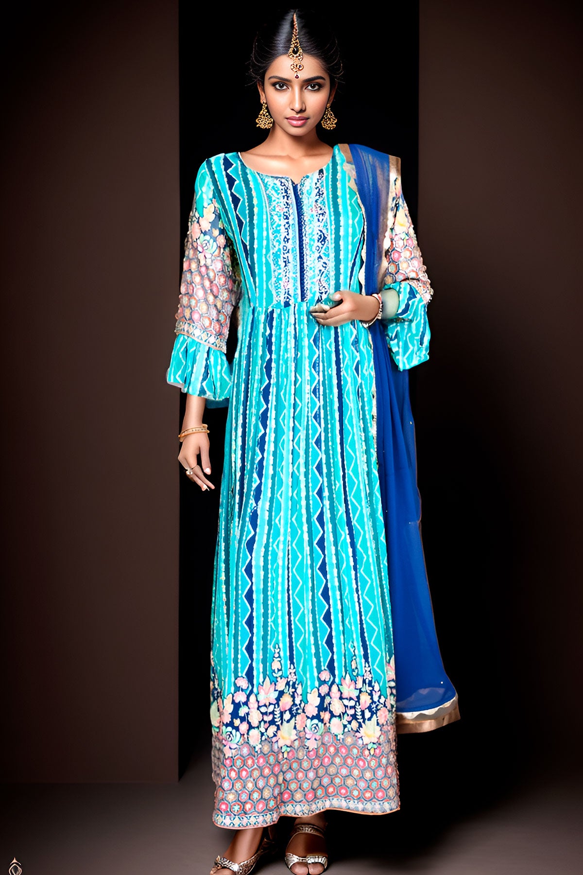 Firozi Georgette Zari and Sequins Embroidered Floor-Length Anarkali Suit