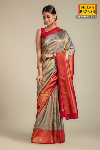 Grey Silk Weaving Embroidered Saree