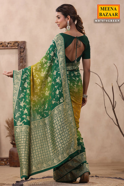 Green Khaddi Georgette Bandhani Printed Zari Woven Saree