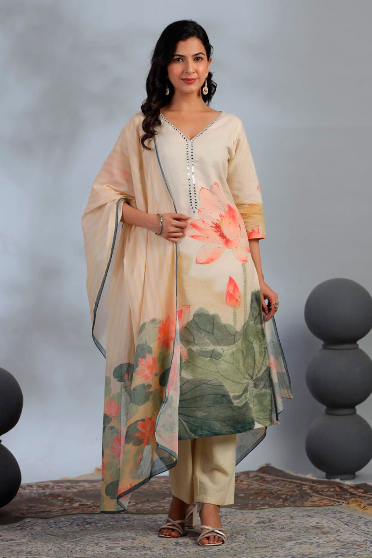 Peach Cotton Printed Suit Set