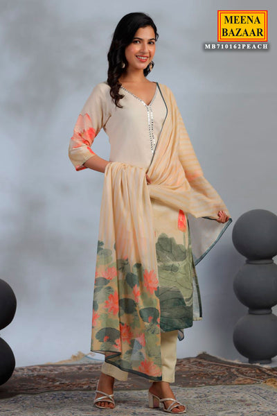 Peach Cotton Printed Suit Set