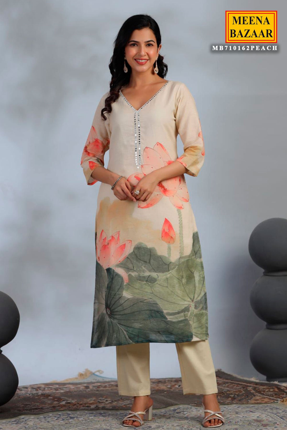 Peach Cotton Printed Suit Set