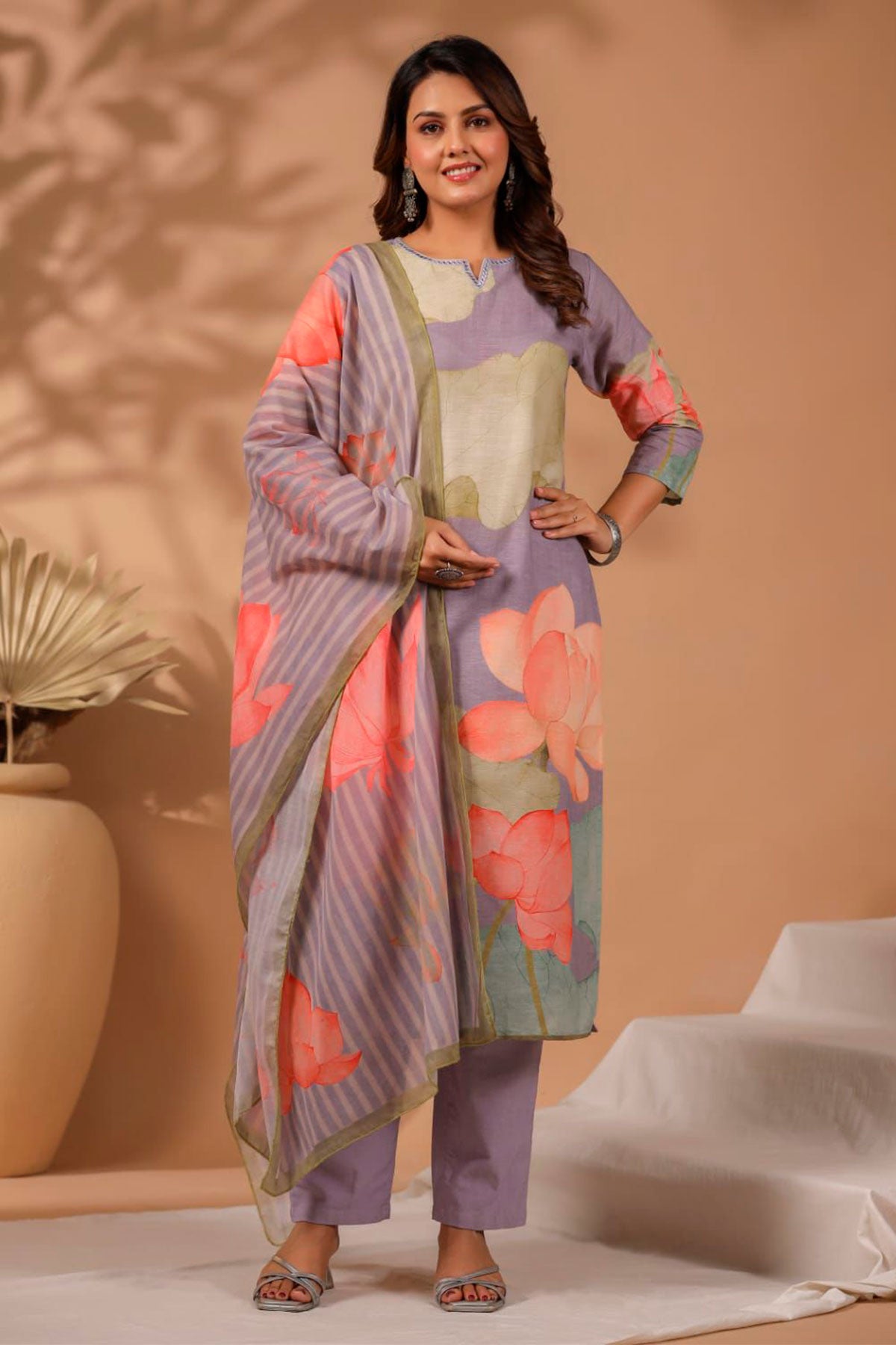 Mauve Cotton Floral Printed Suit Set