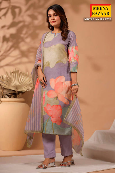 Mauve Cotton Floral Printed Suit Set