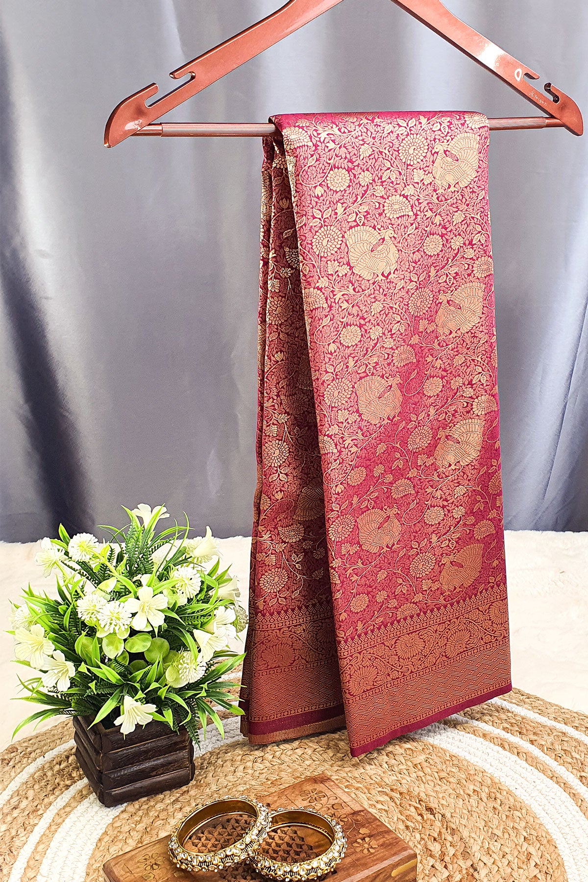 Wine Silk Blend Zari Weaving Traditional Saree