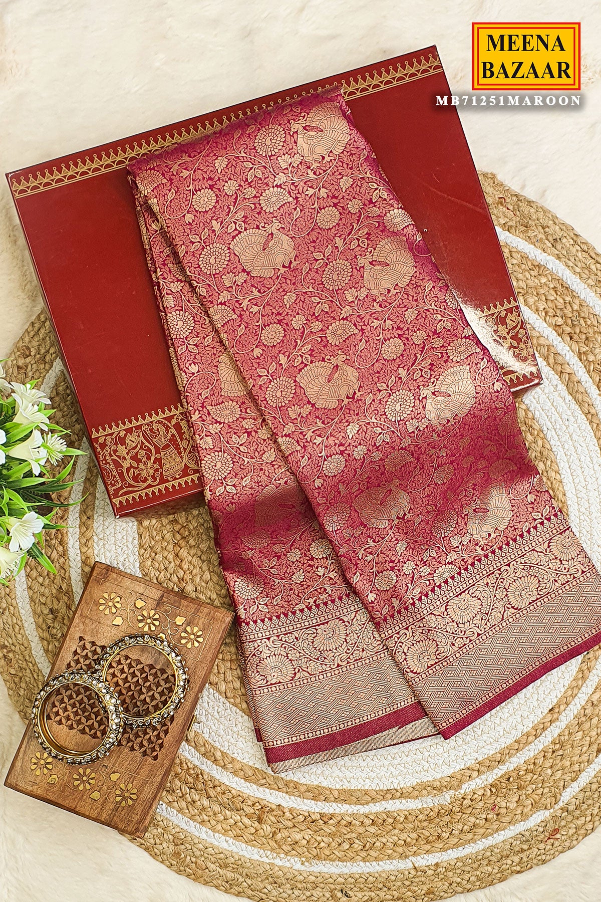 Wine Silk Blend Zari Weaving Traditional Saree