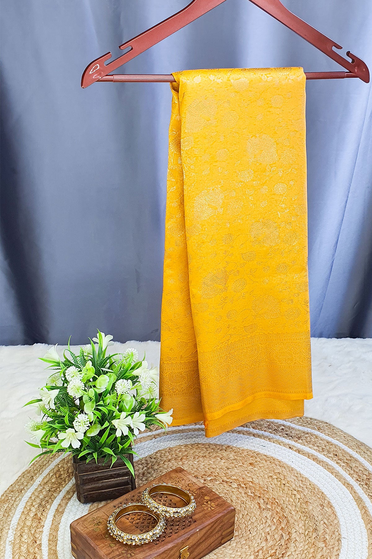 Mustard Silk Blend Zari Weaving Traditional Saree