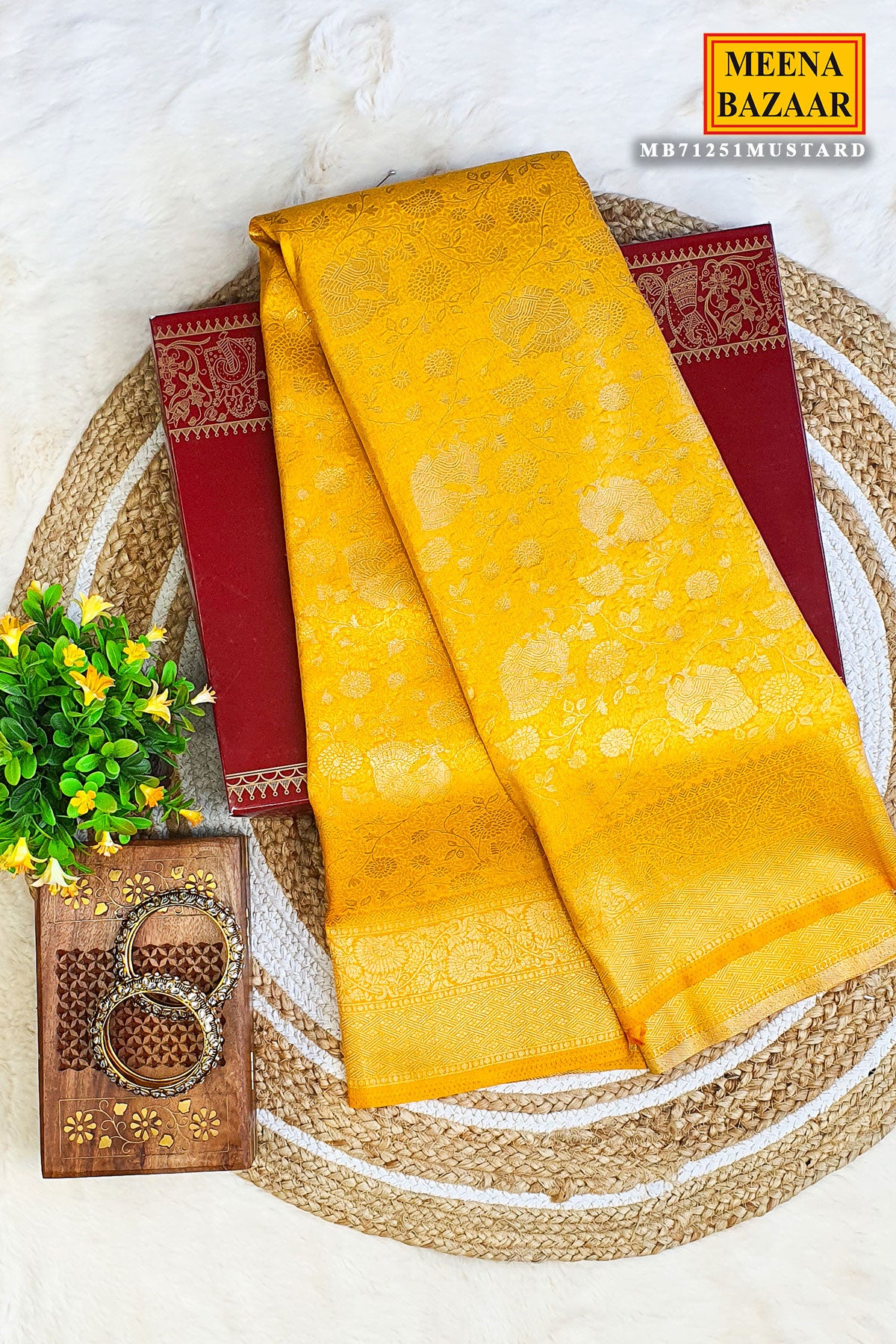 Mustard Silk Blend Zari Weaving Traditional Saree