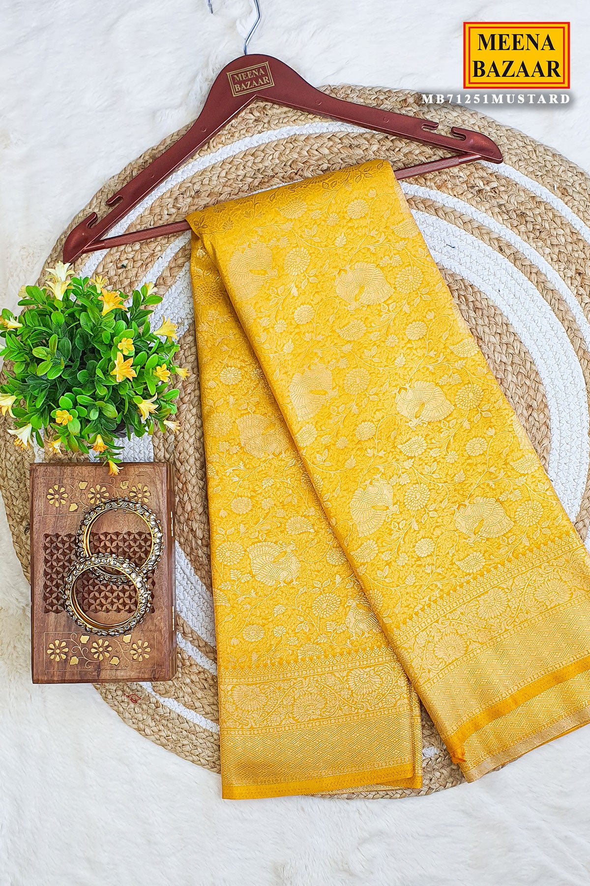 Mustard Silk Blend Zari Weaving Traditional Saree