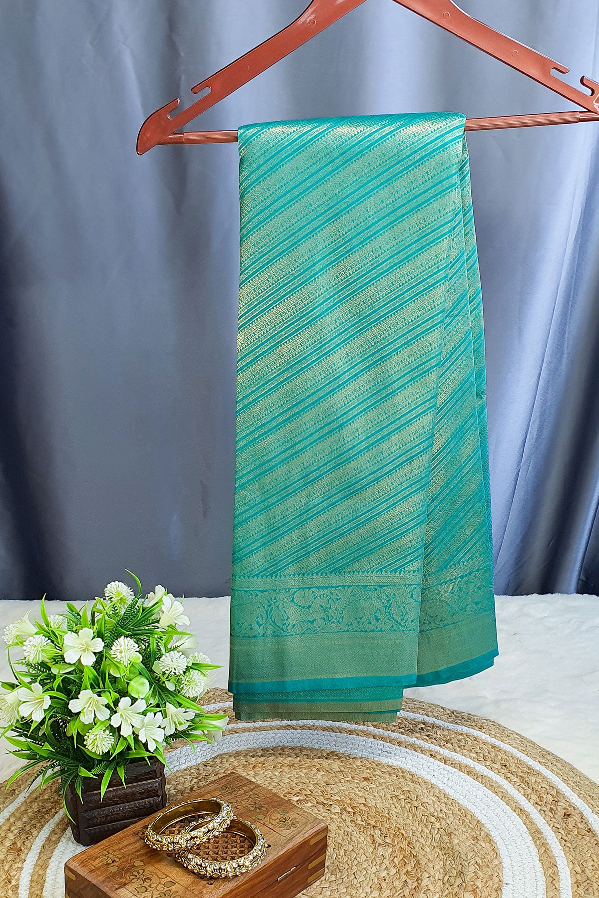 Firozi Striped Pattern Zari Woven Silk Saree