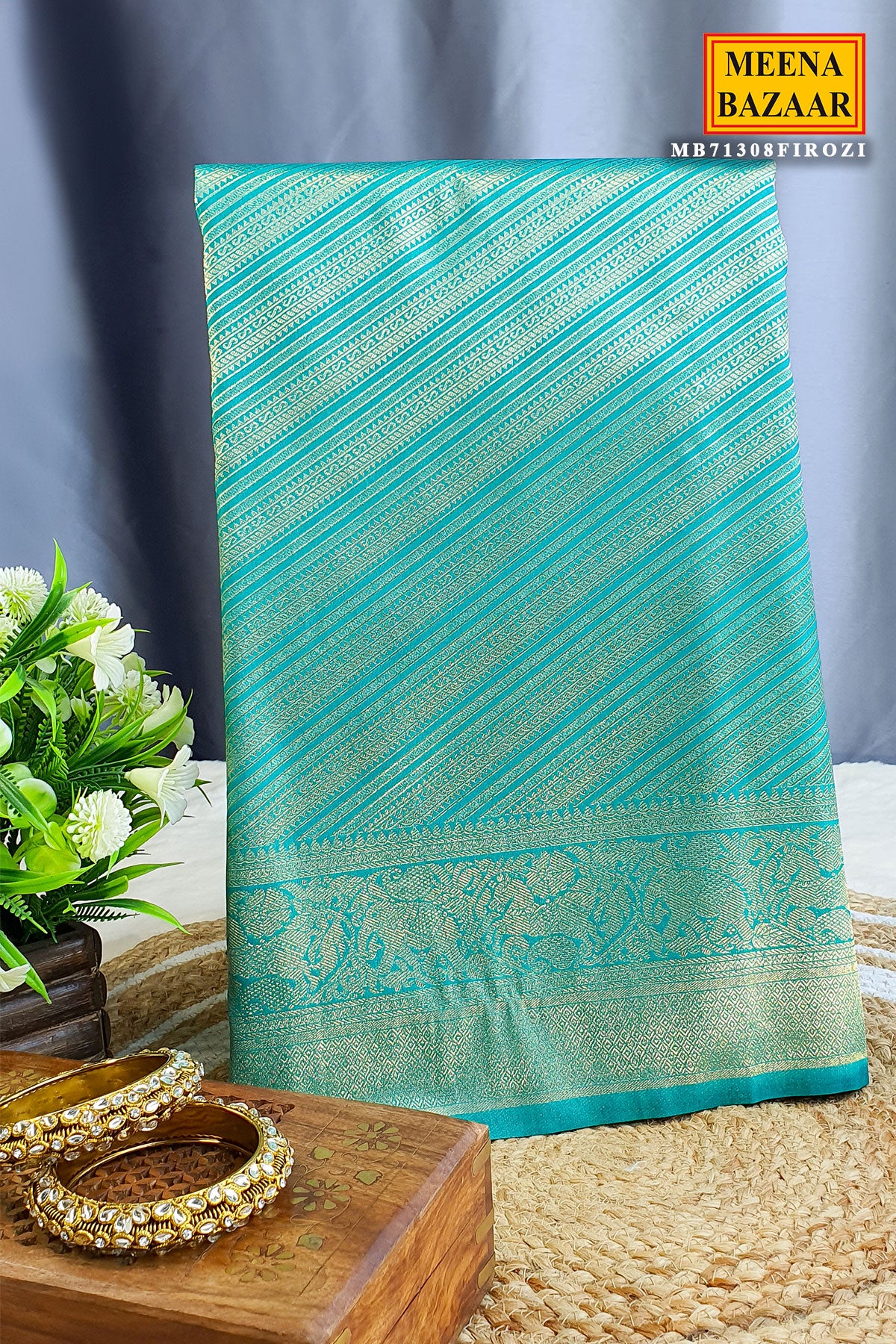 Firozi Striped Pattern Zari Woven Silk Saree