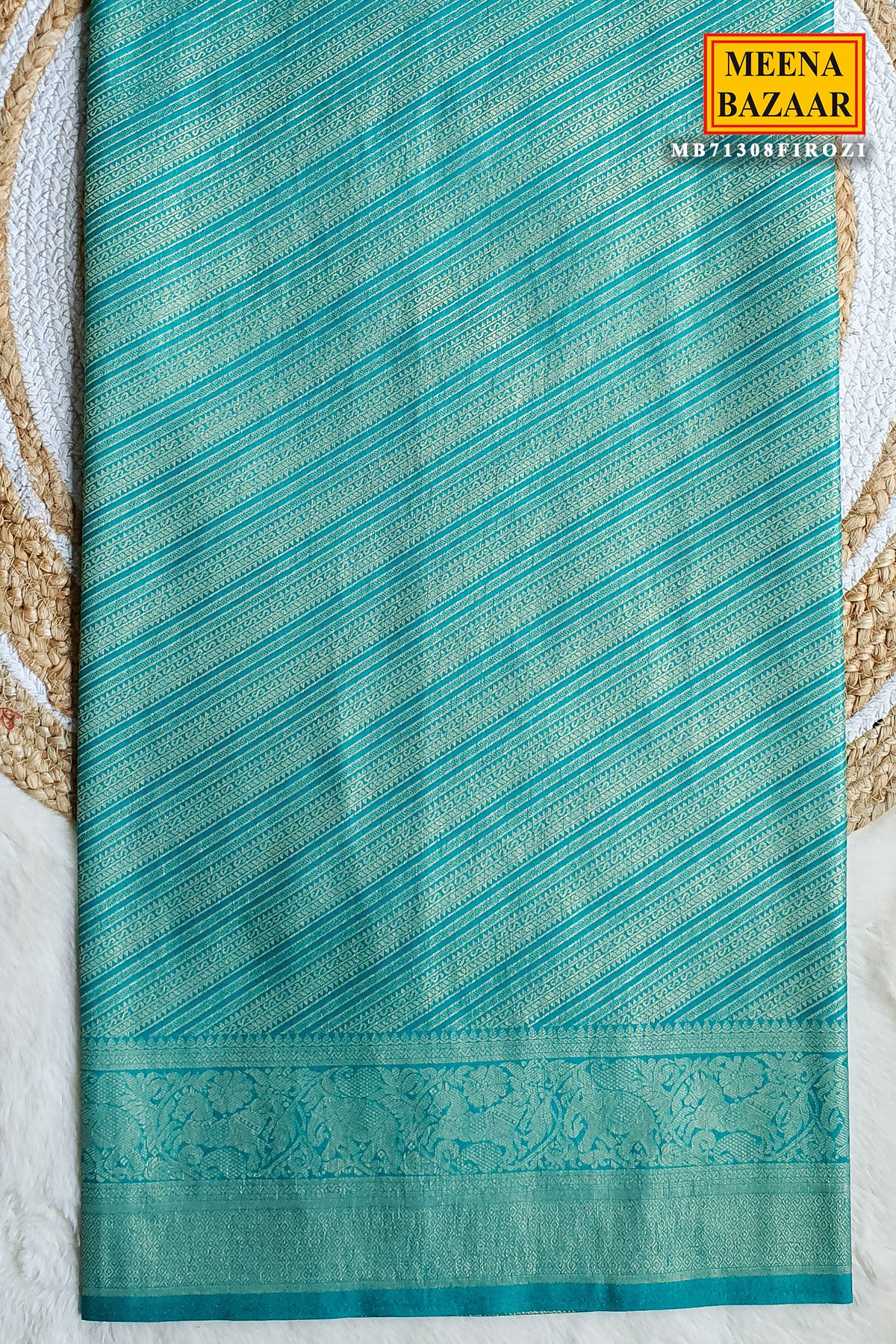 Firozi Striped Pattern Zari Woven Silk Saree