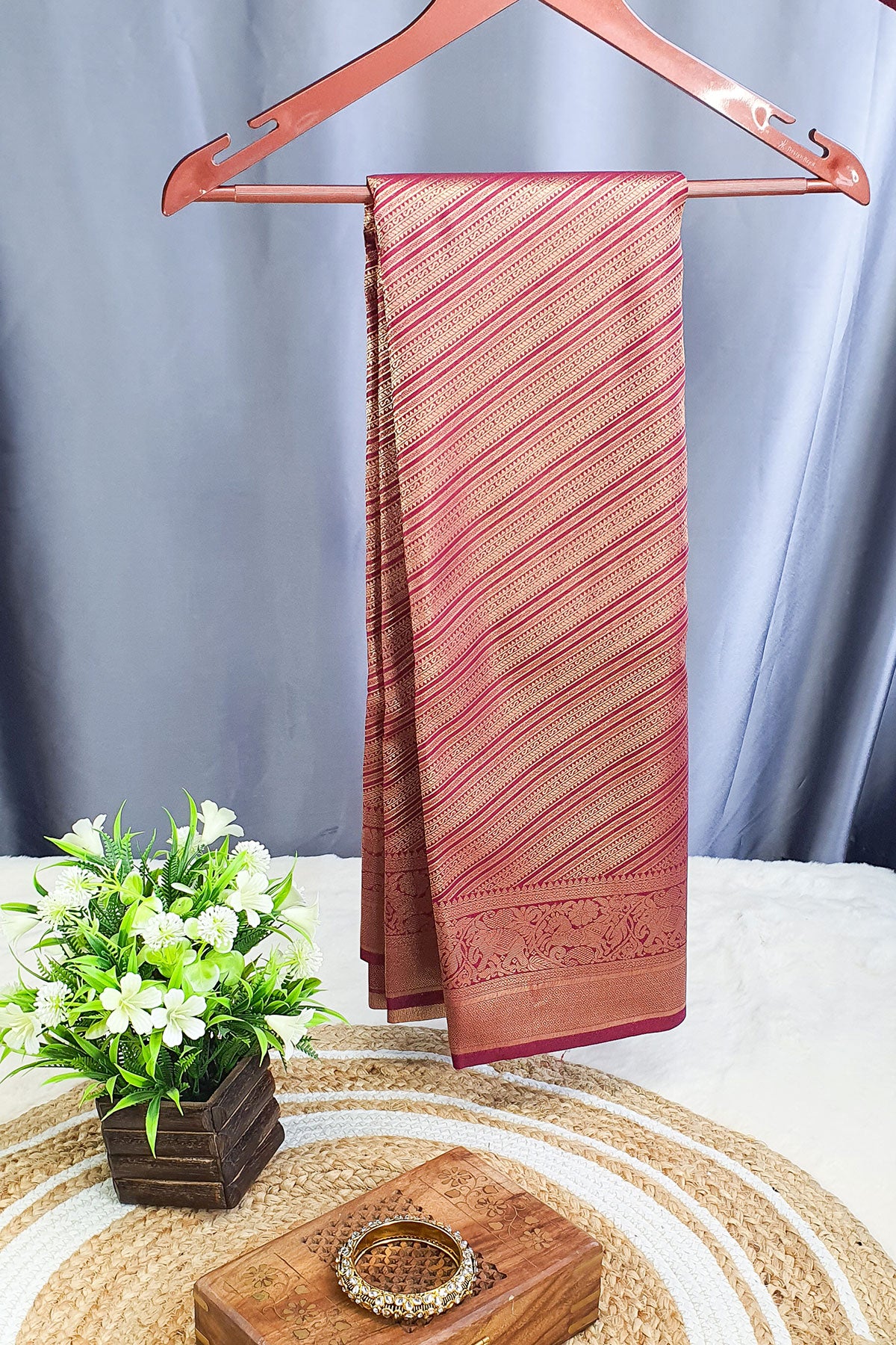 Maroon Striped Pattern Zari Woven Silk Saree