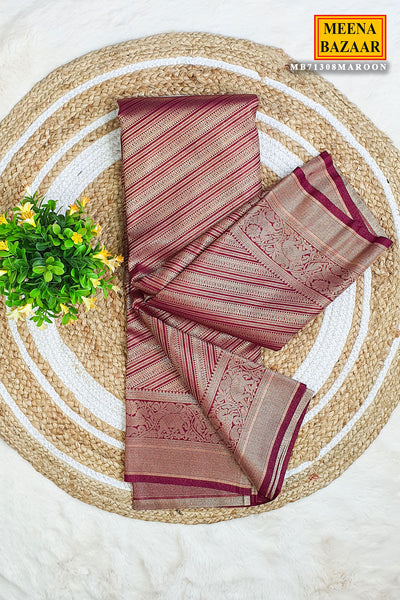 Maroon Striped Pattern Zari Woven Silk Saree