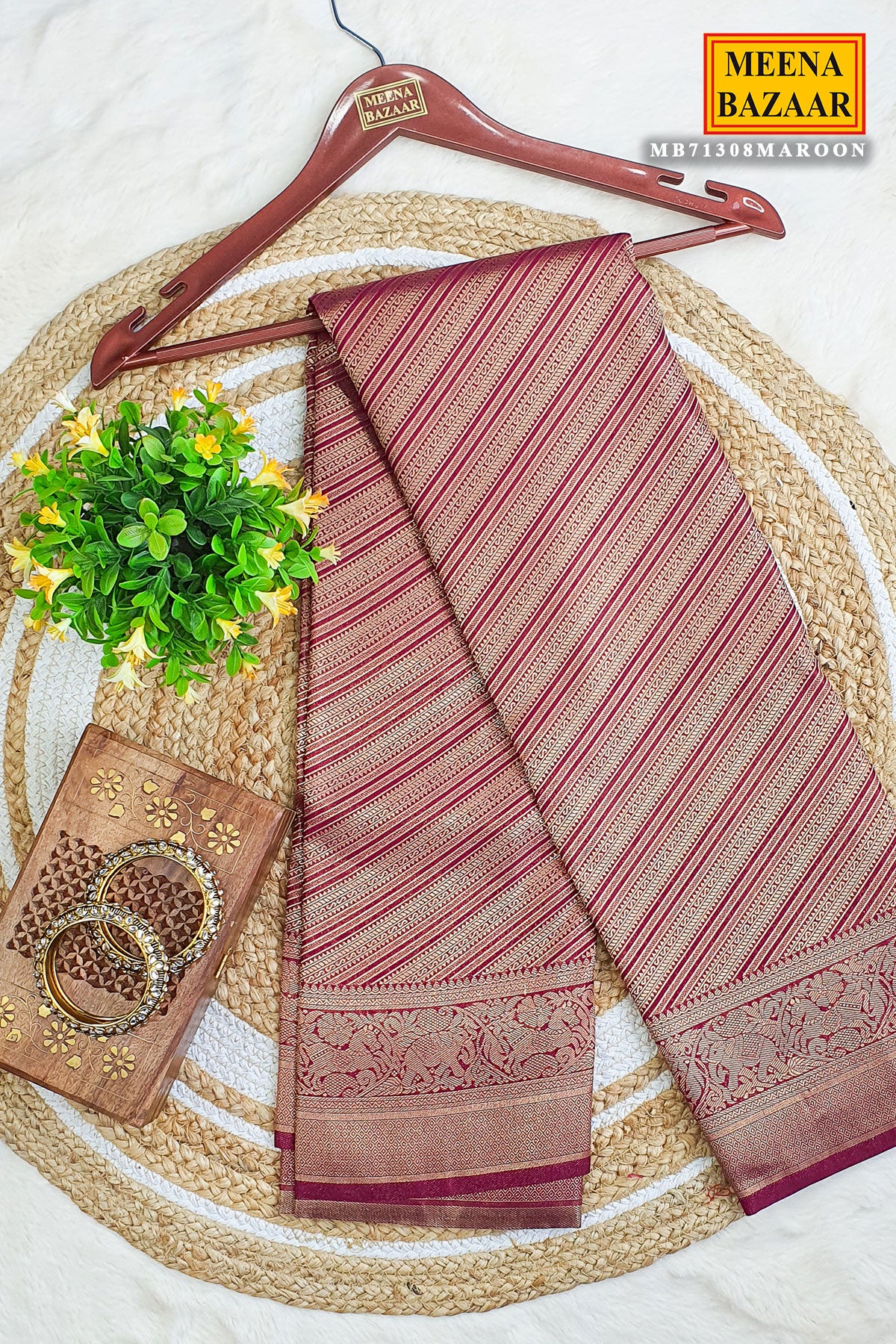 Maroon Striped Pattern Zari Woven Silk Saree