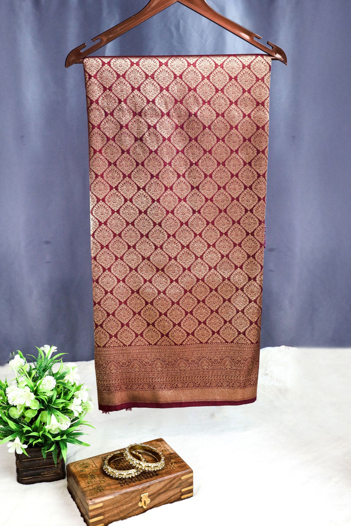 Maroon Silk Blend Zari Woven Saree